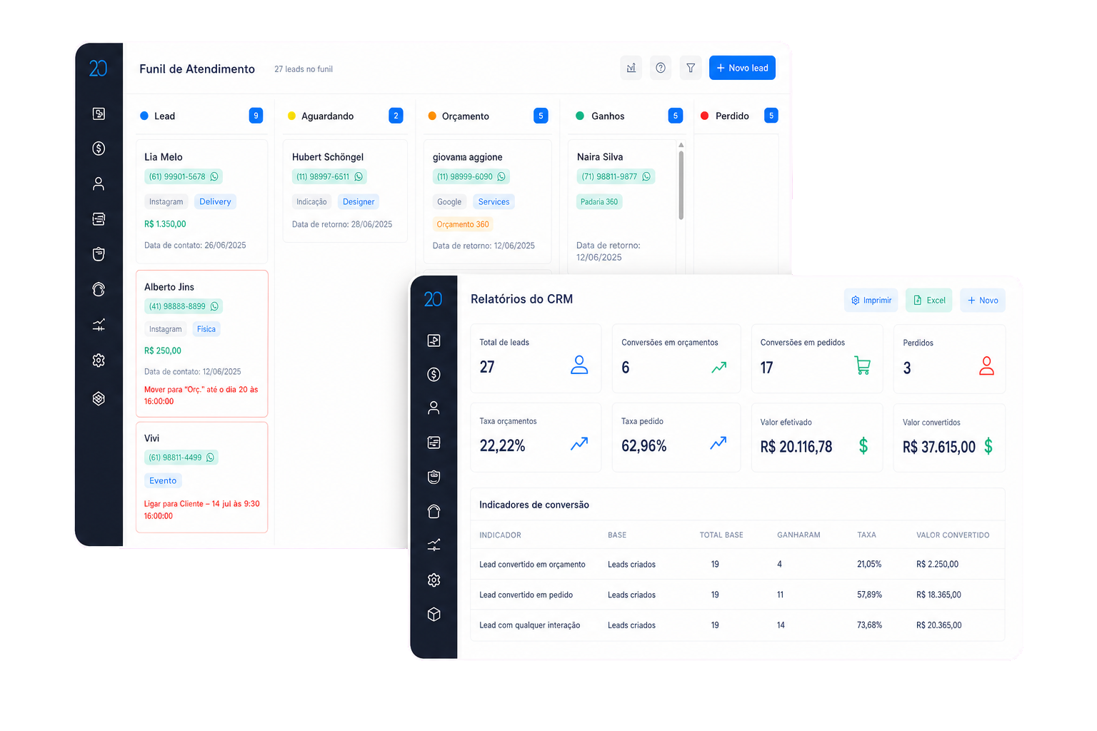 Funil de atendimento e relatório de conversão do CRM integrado Clariai
