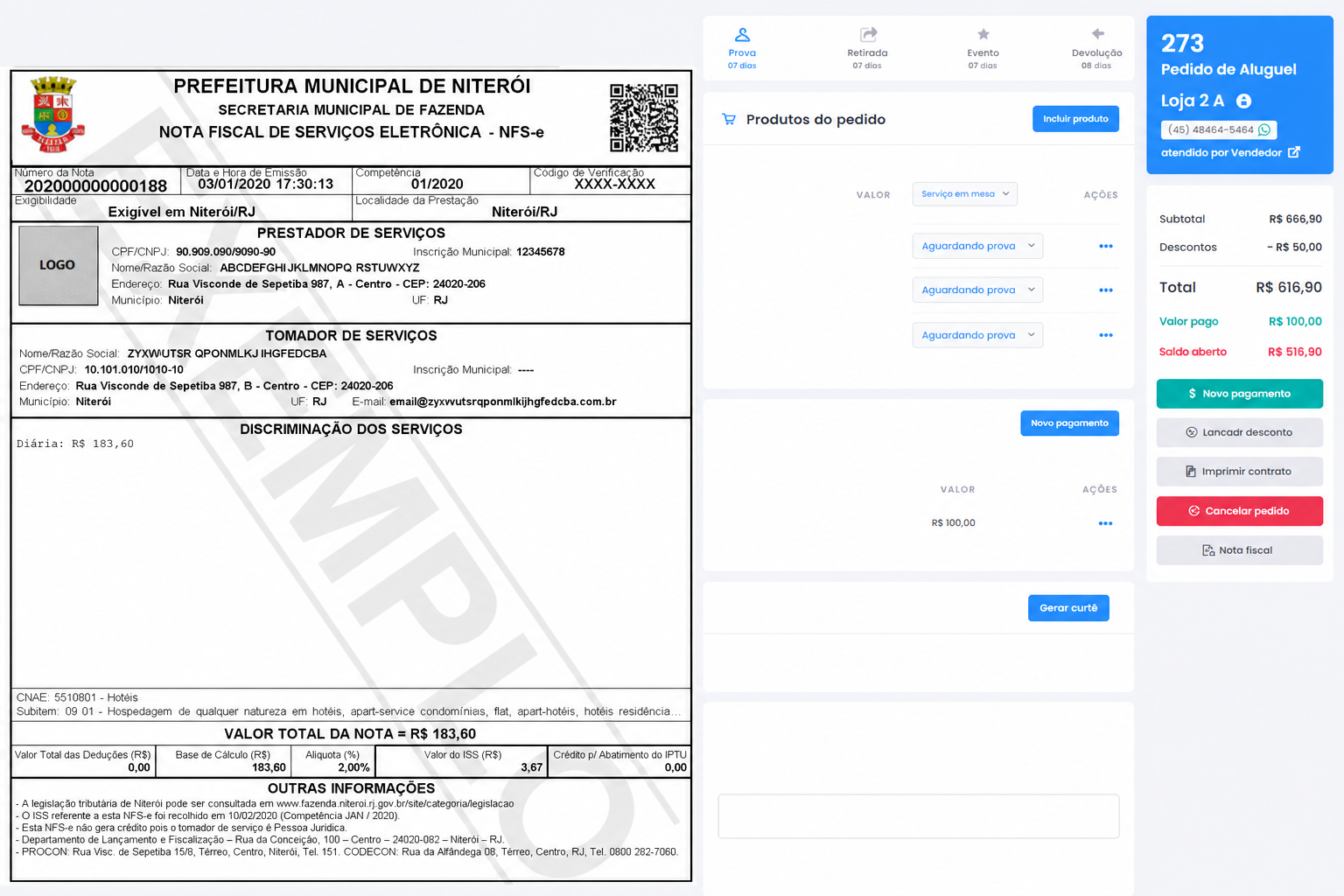 Nota fiscal de serviço ao lado da tela de pedido do Clariai com opção de emissão fiscal